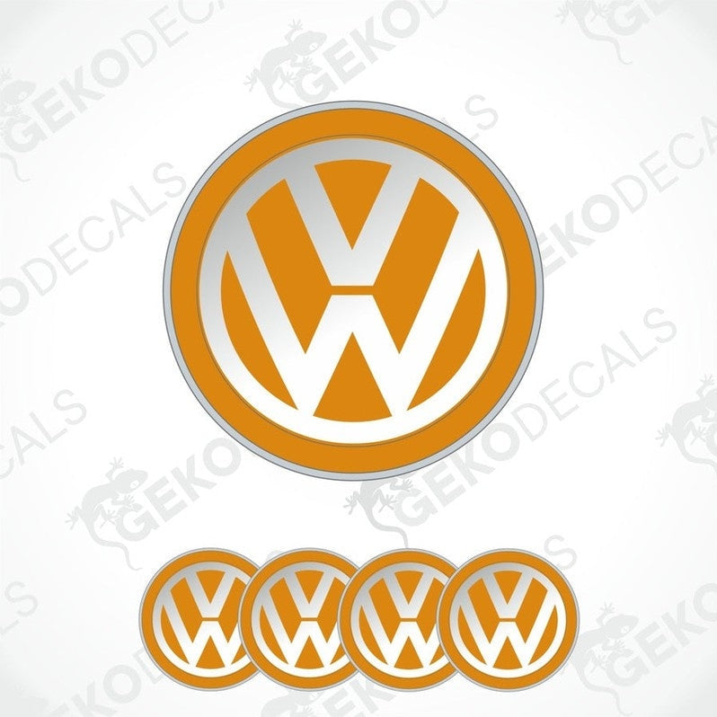 A set of four orange and white dome-shaped vinyl decals with the Volkswagen logo.
