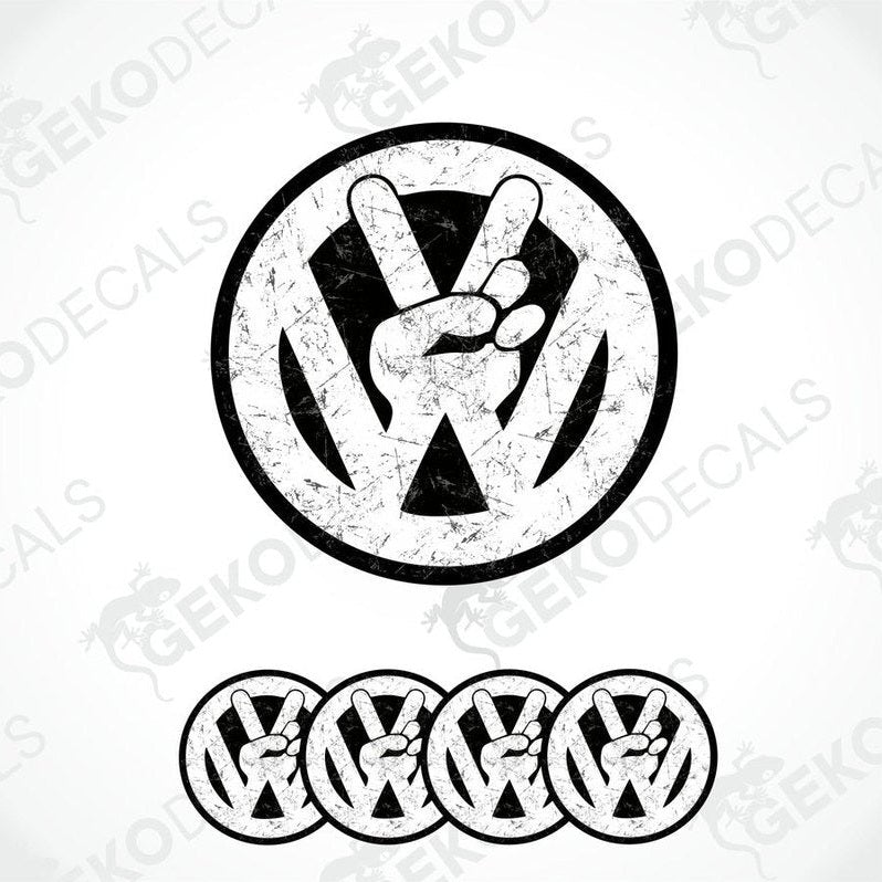 A set of black and white epoxy decals, featuring a prominent VW logo with a hand gesture inside the circle, intended for use as car stickers.
