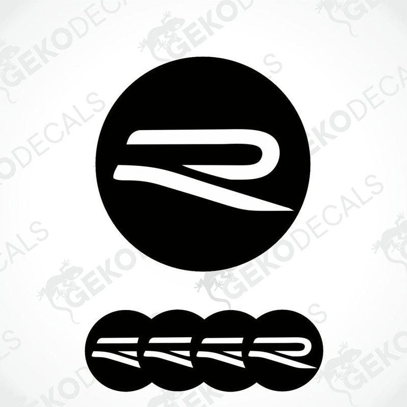 A set of four vinyl decals featuring the Volkswagen R logo in black and white.