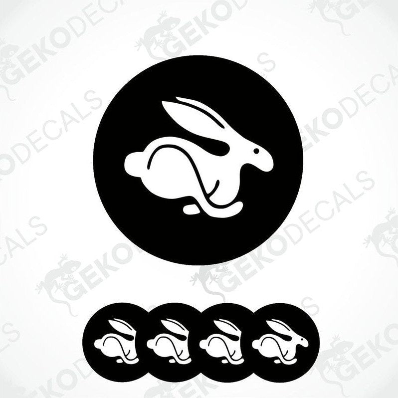 A set of vinyl decals featuring a white Volkswagen rabbit on a black background, designed for use as car stickers.