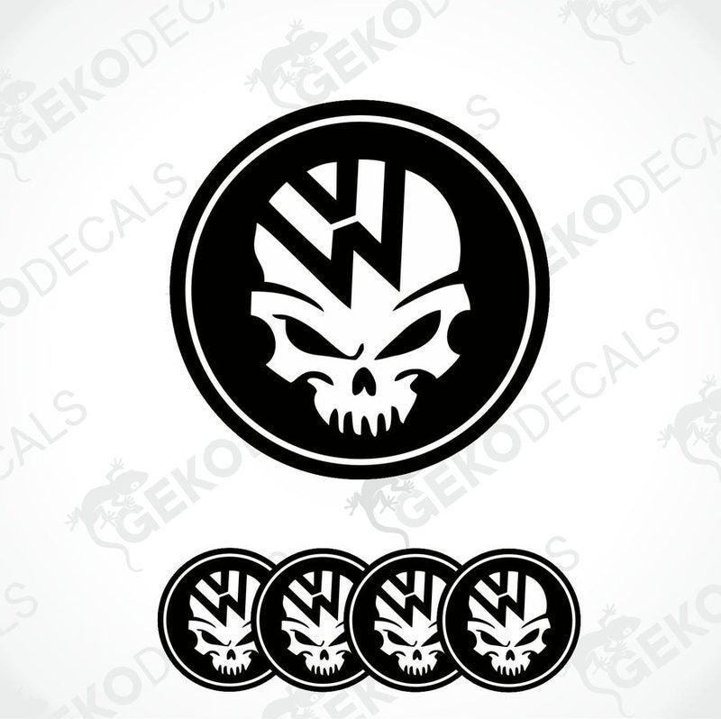 A set of vinyl decals featuring a skull design with the Volkswagen logo within the skull's mouth.