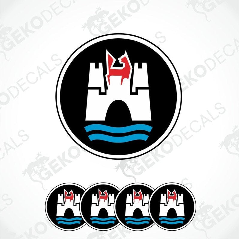 Set of four black vinyl stickers with white and red Wolkswagen Wolfsburg logo