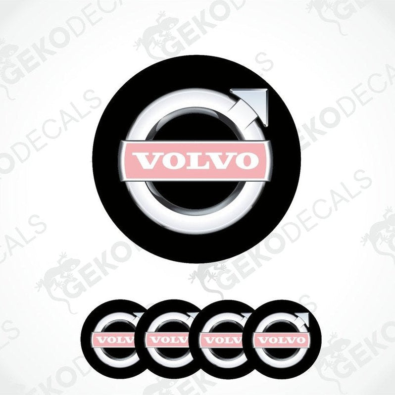 A set of four black vinyl stickers with the Volvo brand logo in white and pink.