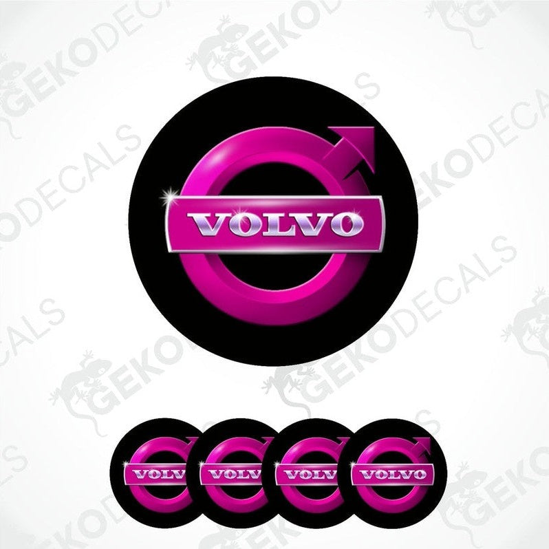 A set of four pink and black vinyl stickers with the word 'VOLVO' and a symbol on each sticker.
