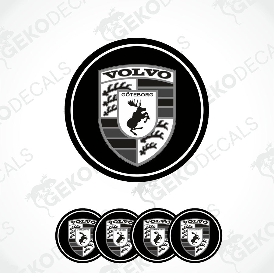 A set of four black and white vinyl decals with a polyurethane coating, featuring the Volvo Göteborg shield logo.