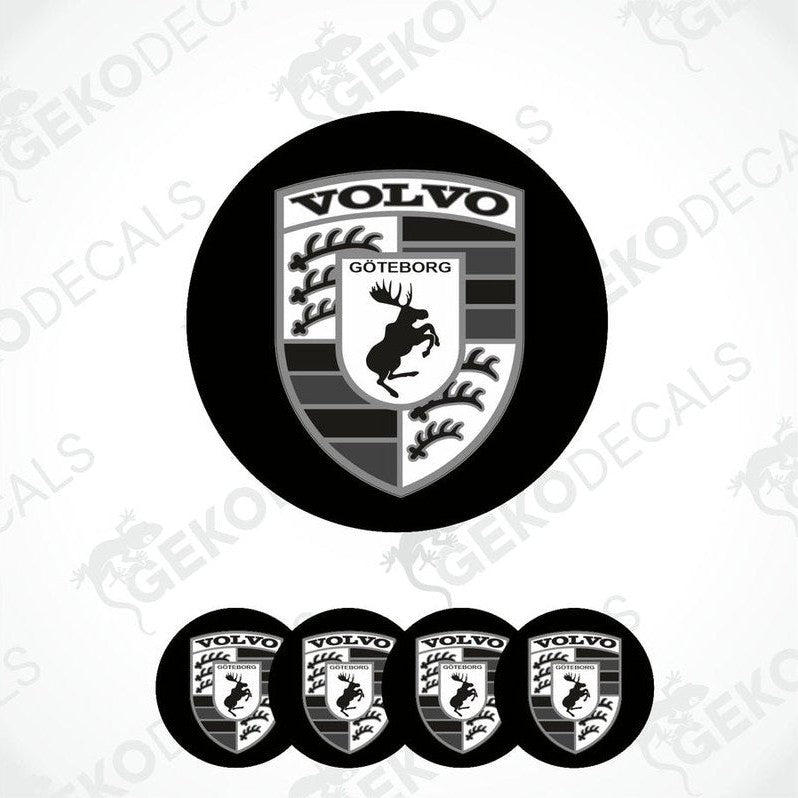 A set of four black and white vinyl decals with a polyurethane coating, featuring the Volvo Göteborg shield logo.