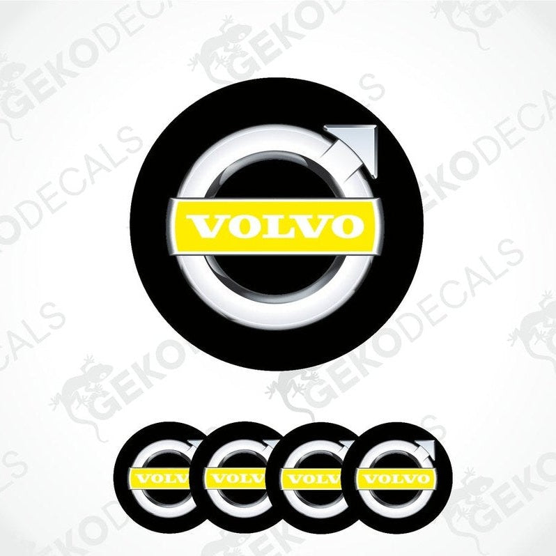 A set of four black vinyl stickers with the Volvo brand logo in white and yellow.