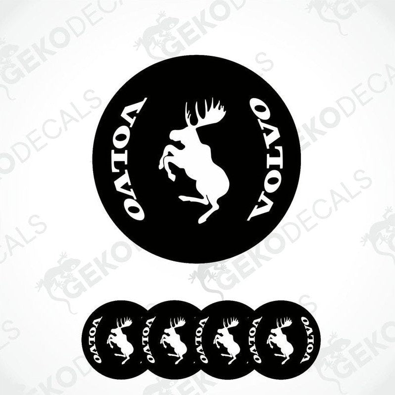 Set of black vinyl stickers with a white moose and Volvo logo text, designed for car decals.