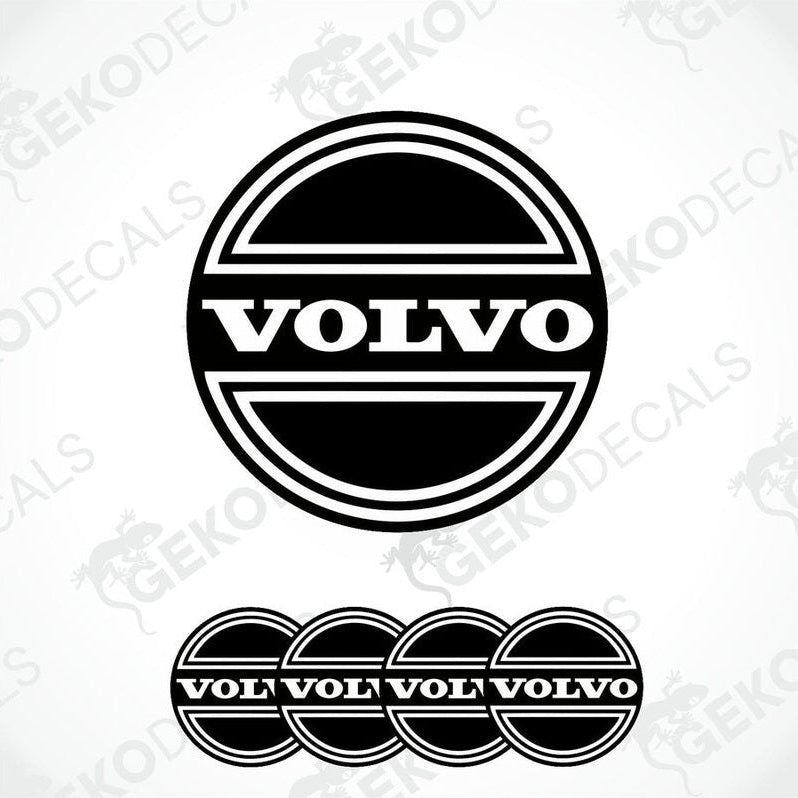 A set of four black vinyl stickers with the Volvo brand logo on them.