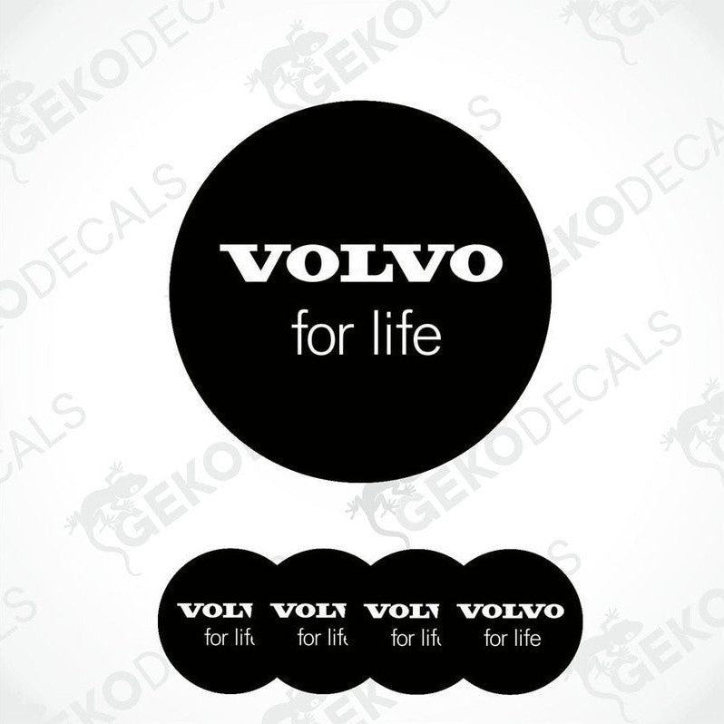 A set of four black vinyl stickers with the text 'VOLVO FOR LIFE' in white.