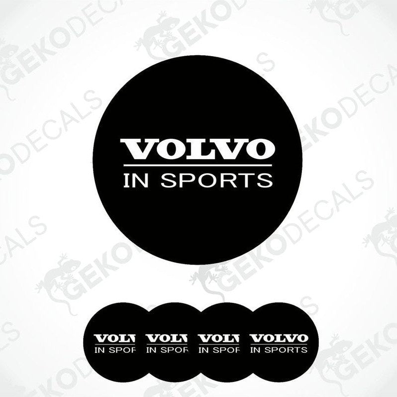 A set of four black vinyl stickers with the text 'VOLVO IN SPORTS' printed on them, arranged in a circular pattern with a white background.