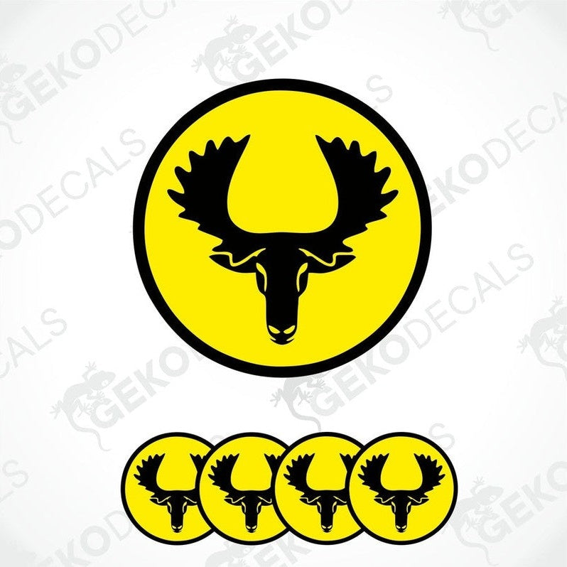 A set of four yellow vinyl stickers with a black silhouette of a moose design.