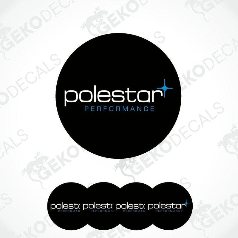 A set of four black vinyl decals with the white POLESTAR and blue PERFOMANCE text.