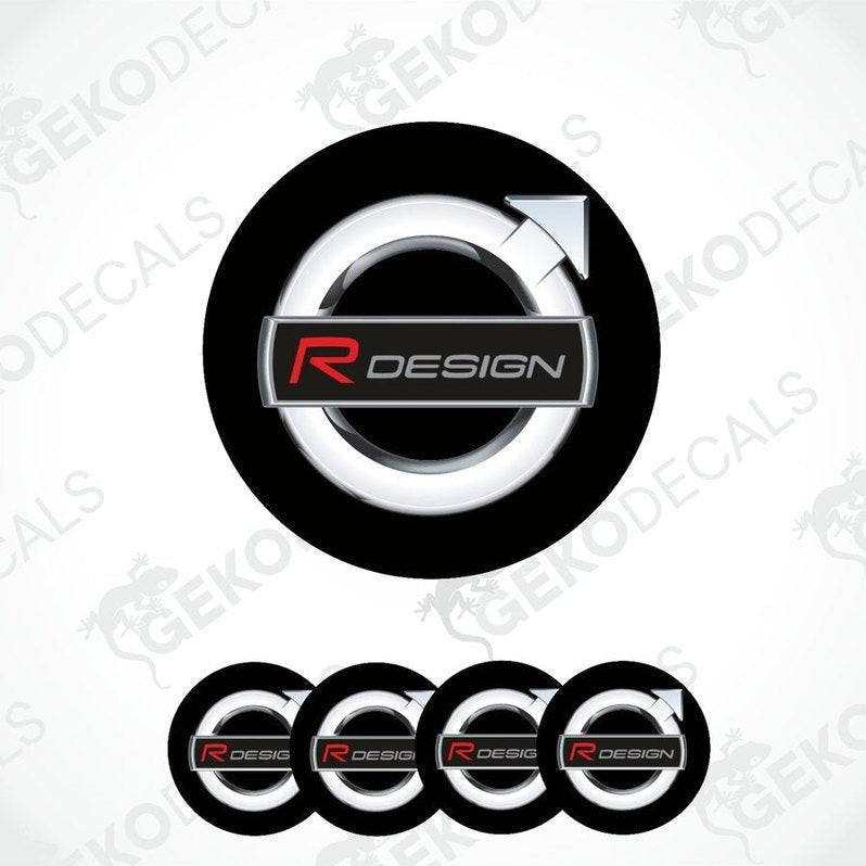 A set of four black vinyl stickers with the R DESIGN logo in white and red, intended for use on car wheels.