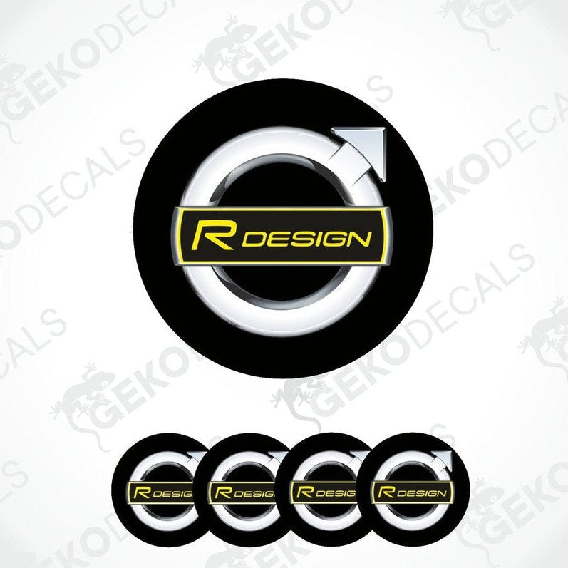 A set of four black and yellow vinyl stickers with a geometric design and the text 'R DESIGN' on them.