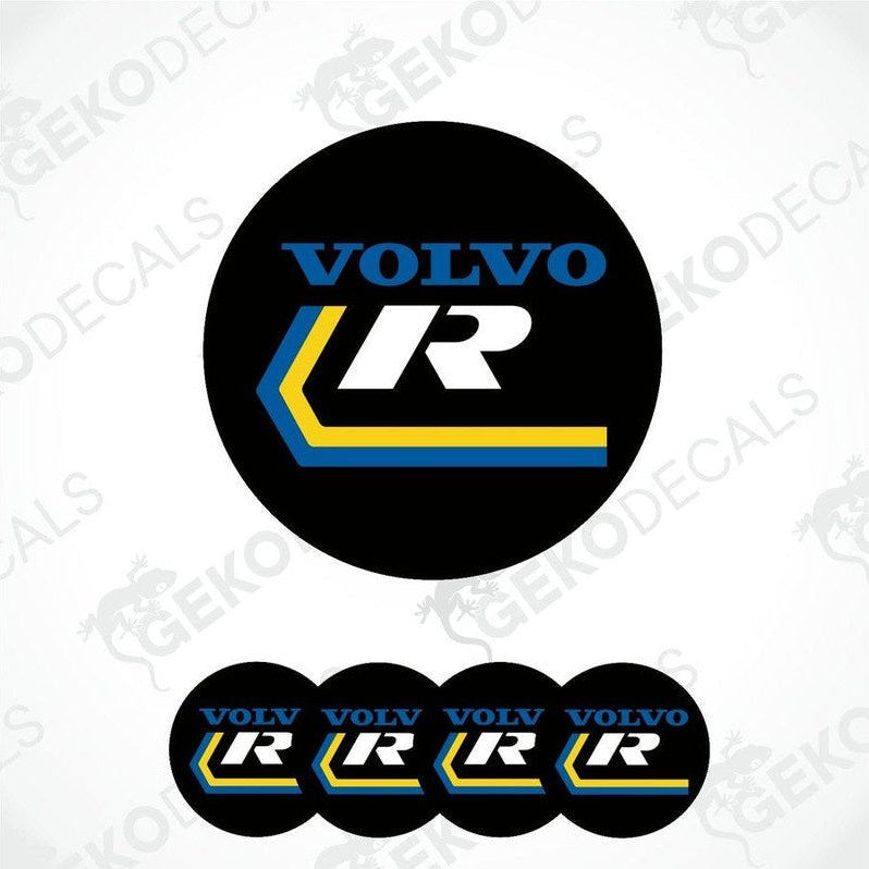 A set of four black vinyl stickers with the Volvo R SPORT logo in blue and yellow.