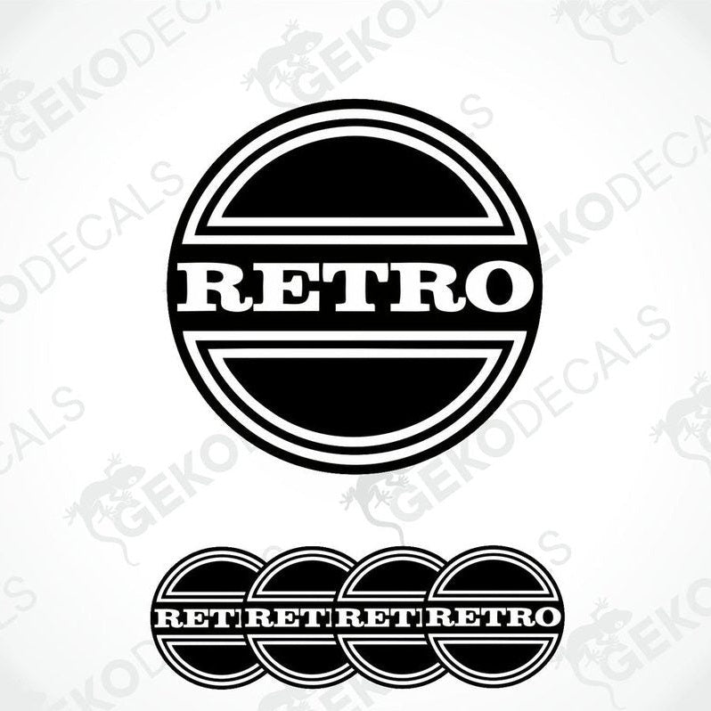 A set of four black vinyl stickers with the word 'RETRO' and a geometric design.
