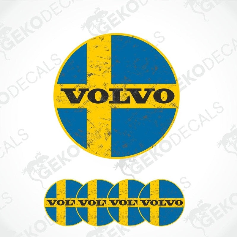 A set of four vinyl decals with a polyurethane coating featuring the Volvo brand and the Swedish flag colors.
