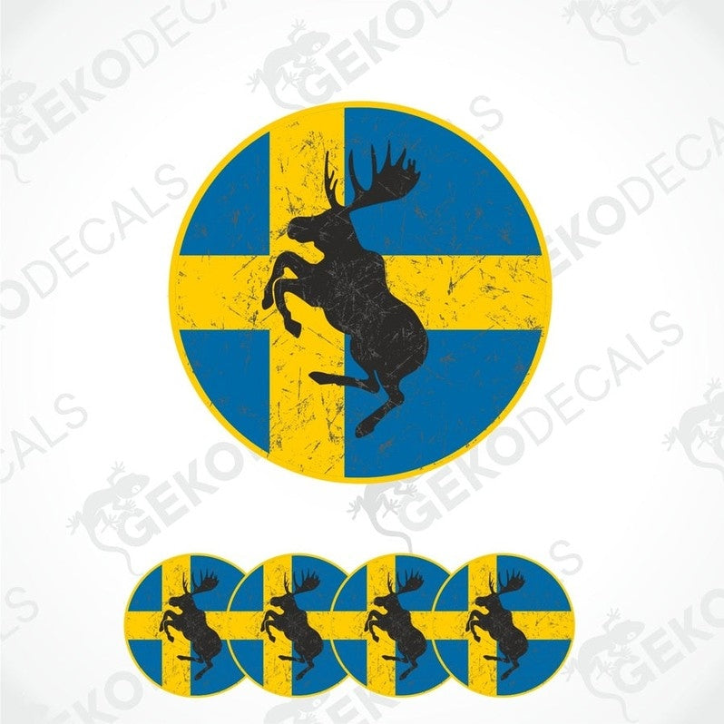 A set of four circular vinyl stickers with a design of a moose and a Swedish flag.