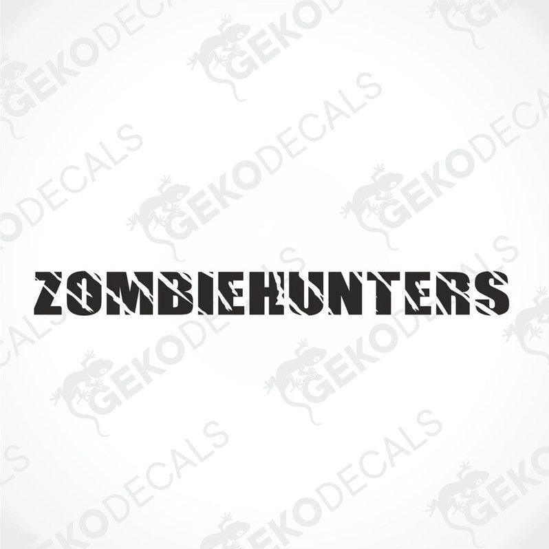 Black car windshield sticker with cut-out text ZOMBIEHUNTERS