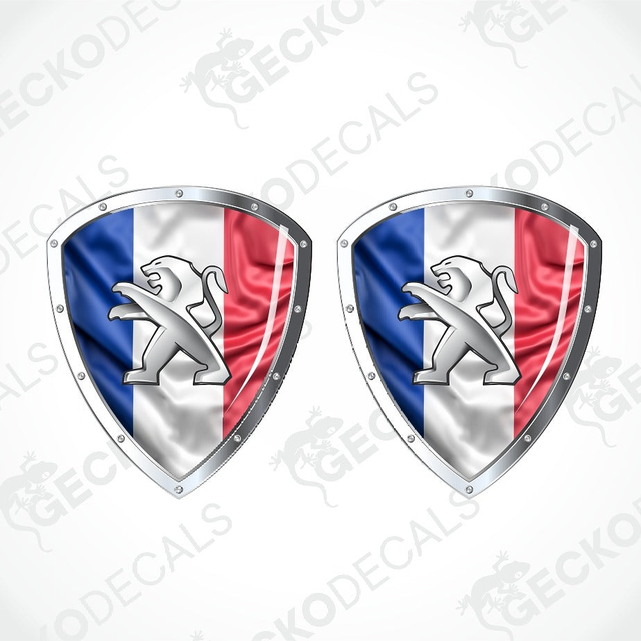 Two identical shield-shaped decals featuring the French tricolor flag with a silver lion rampant, shown on a light gray background with diagonal watermark text.