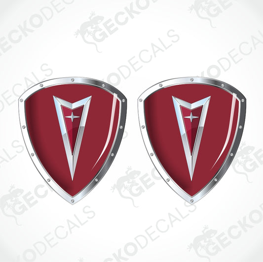 Two identical red shield-shaped decals with silver metallic borders and a silver chevron emblem, shown on a light gray background with faint Geckodecals watermarks.