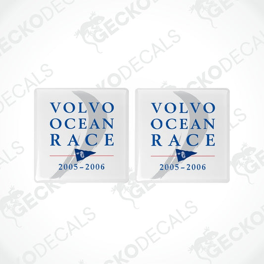 Two square white decals with rounded corners featuring the Volvo Ocean Race 2005-2006 logo in blue and gray, shown side by side on a light gray background with faint diagonal watermarks.