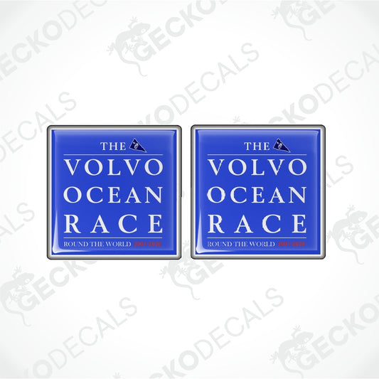 Two identical blue square decals with silver borders, featuring the text 'THE VOLVO OCEAN RACE' in white, on a light gray background with diagonal watermarks.