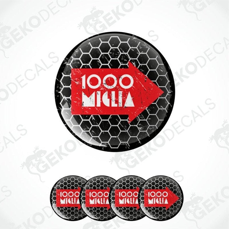 A set of vinyl decals with a geometric honeycomb pattern and the text '1000 MIGLIA' prominently displayed in red on a black background.