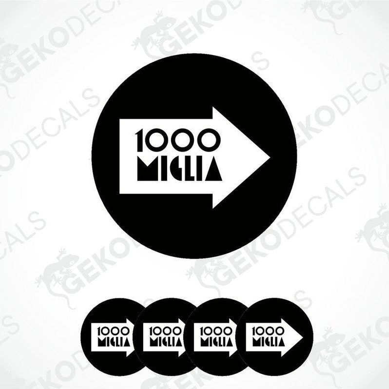 A set of four black and white vinyl decals with the text '1000 MIGLIA' on them, presented in a circular arrangement.