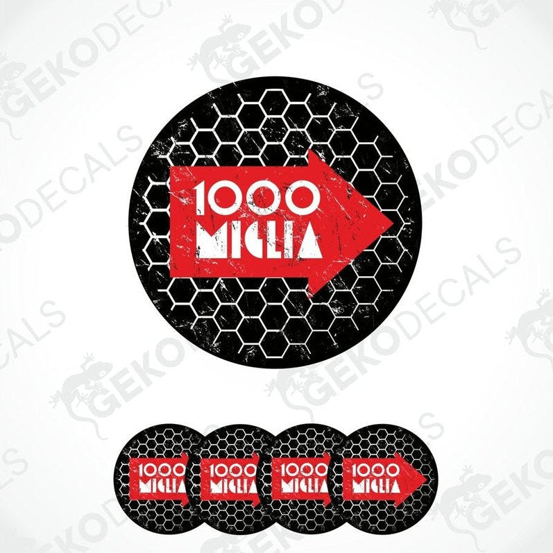A set of vinyl decals with a geometric honeycomb pattern and the text '1000 MIGLIA' prominently displayed in red on a black background.