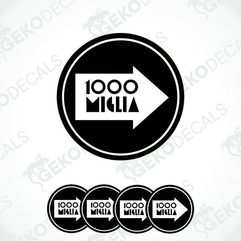 A set of four black and white vinyl decals with the text '1000 MIGLIA' on them, presented in a circular arrangement.
