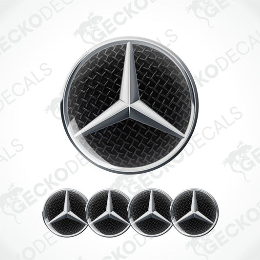 A set of Mercedes-Benz star decal stickers, featuring one large circular decal with a diamond plate texture background and four smaller oval decals with solid black backgrounds, all displayed on a white background with diagonal watermarks.