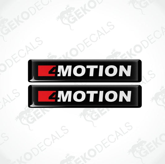 Two black vinyl stickers with the text '4 MOTION'  in white and red colors.