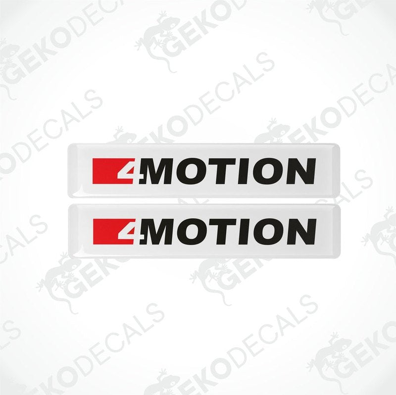 Two withe vinyl stickers with the text '4 MOTION'  in black and red colors.