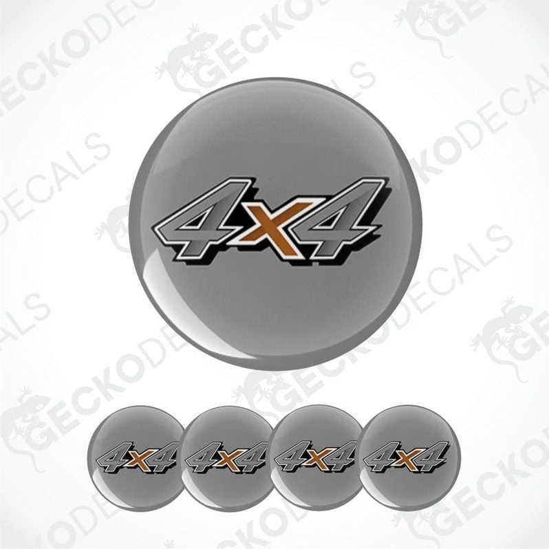 Set of 5 metallic gray '4x4' emblems on a white background with 'Gecko Decals' branding.