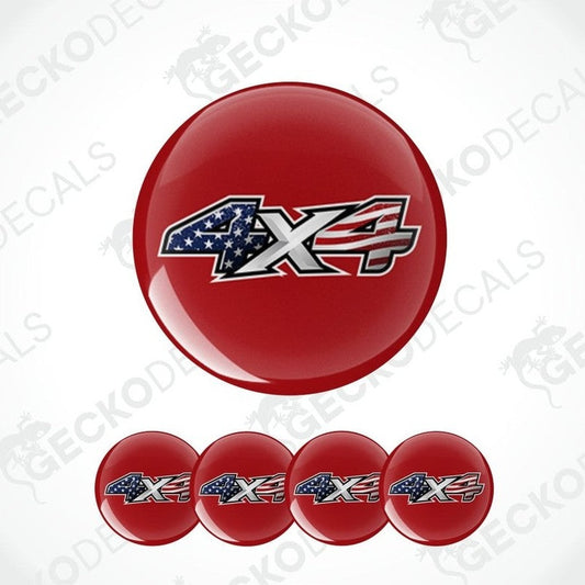 Set of red '4X4' decal stickers with American flag design on a white background.