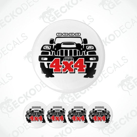 Set of 5 round decals with a 4x4 vehicle graphic and text on a white background.