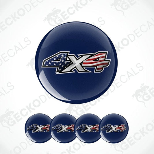 Set of blue 4x4 decal stickers with American flag design on a white background.