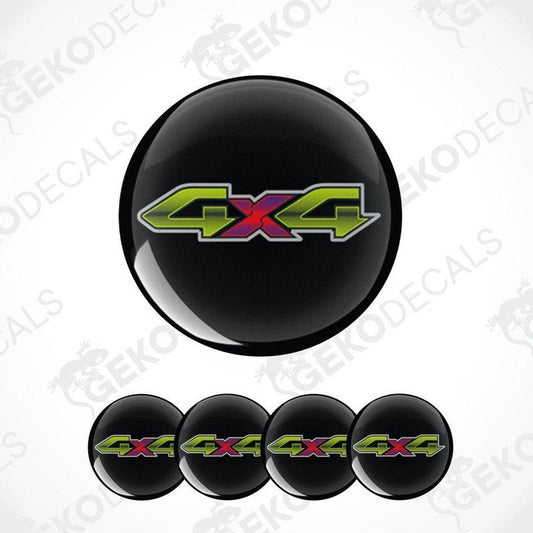 Black wheel cover with colorful '4x4' logo on a white background