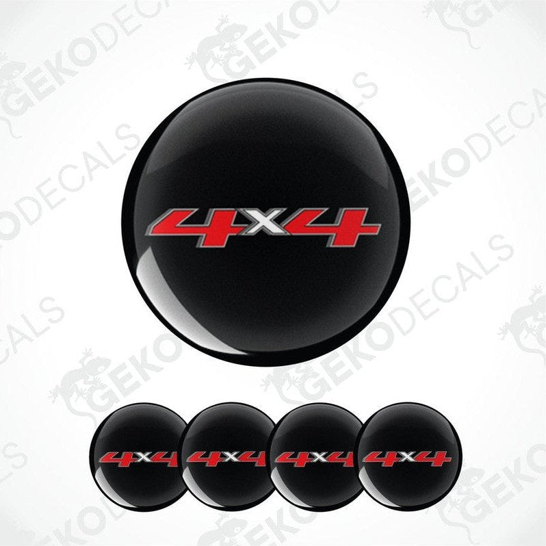 Black wheel cover with red and white '4x4' logo on a white background with 'Gekodecals' branding.