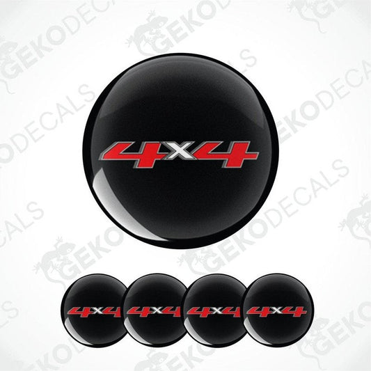Black wheel cover with red and white '4x4' logo on a white background with 'Gekodecals' branding.