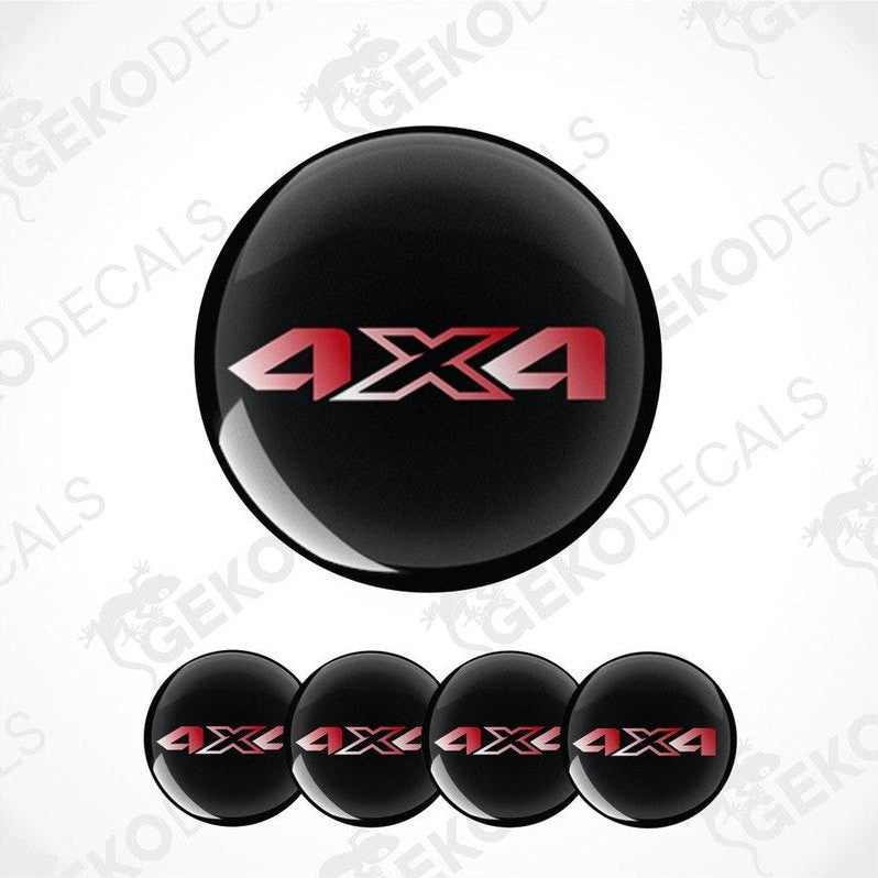 A set of four black vinyl decals with red '4X4' text, designed for use as car wheel caps or stickers.
