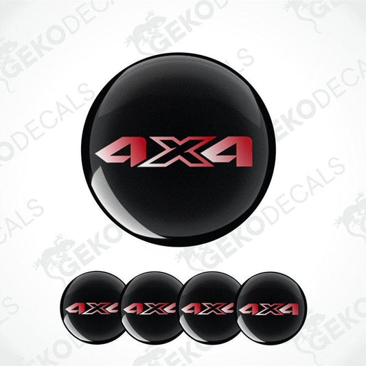 A set of four black vinyl decals with red '4X4' text, designed for use as car wheel caps or stickers.