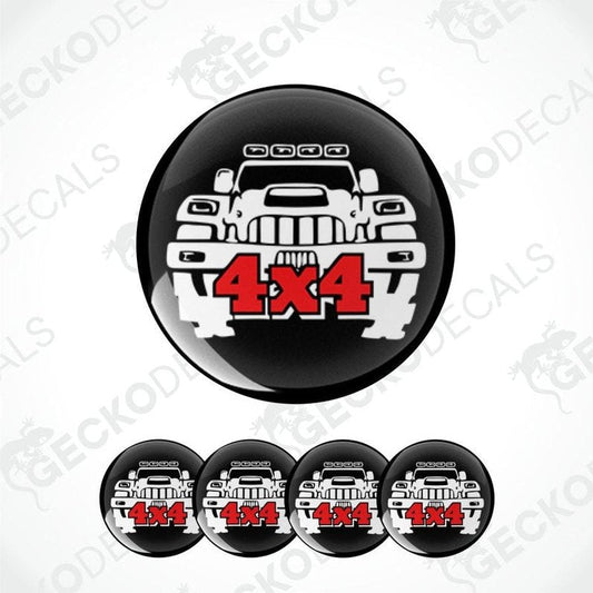 Set of five black stickers with a white truck graphic and red '4x4' text on a white background.