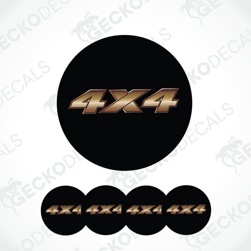 Set of 4x4 decals with gold text on black circles, branded 'Gecko Decals'.