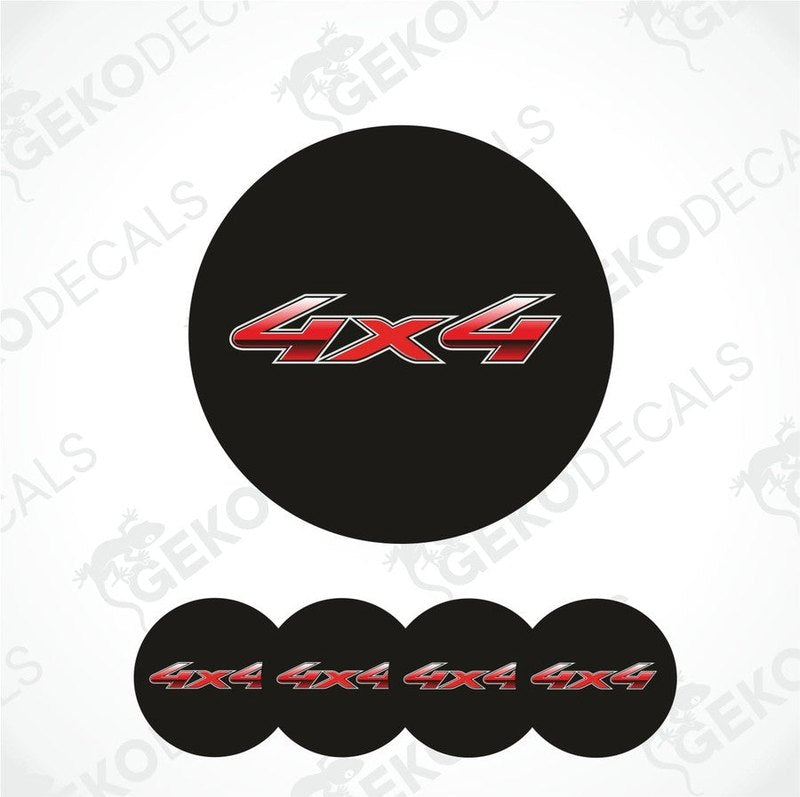Red '4x4' logo on black circular stickers with GEKODECALS watermark.