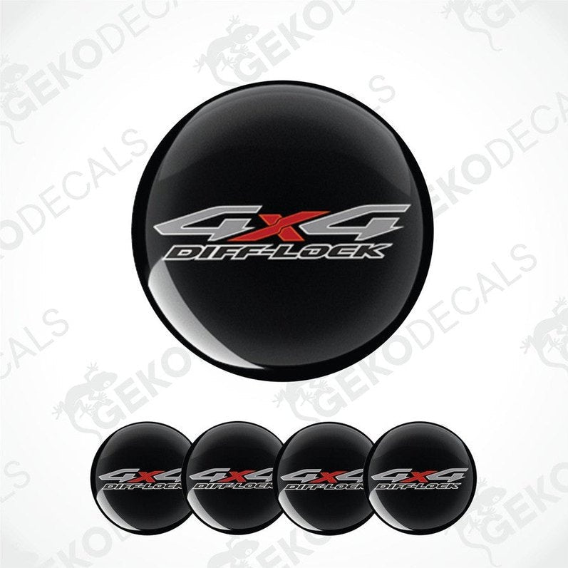 Set of black wheel center caps with '4X4 Difflock' text on a white background.