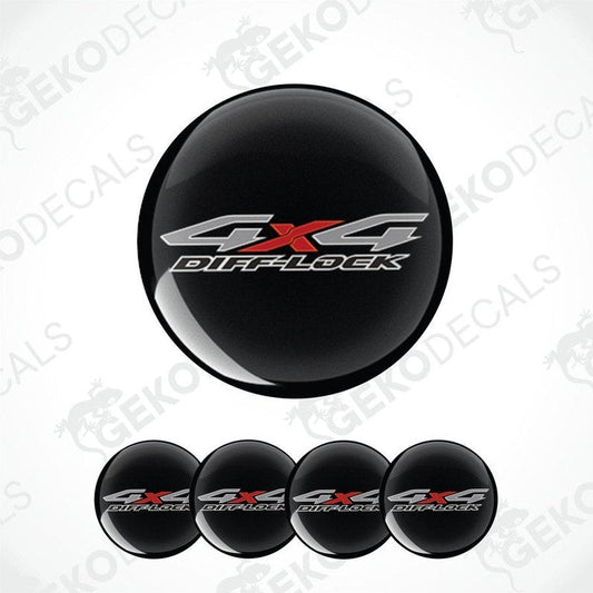 Set of black wheel center caps with '4X4 Difflock' text on a white background.