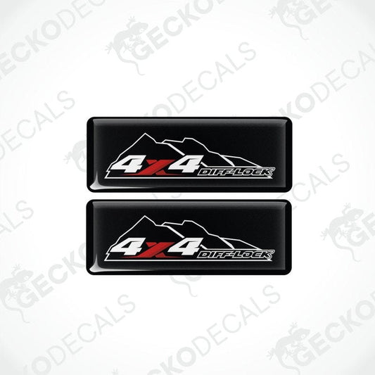 two black background epoxy decals with mountains and 4x4 diff-lock text on it